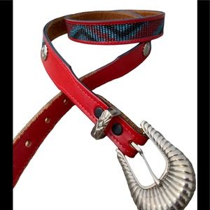 Lady Leonard Collection Belt Sz 34 Red Leather Silvertone Native Design